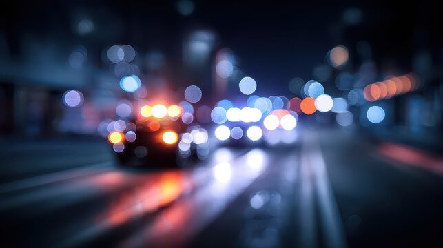 City lights reflect on wet streets as police cars respond to an emergency late at night in an urban area