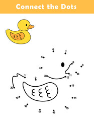 Dot to Dot Worksheet for Kids. Connect the dots to draw a cute duck. Illustration of duck. Coloring page.