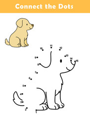 Dot to Dot Worksheet for Kids. Connect the dots to draw a cute dog. Illustration of dog. Coloring page.	