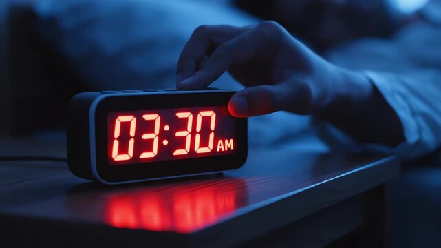 Waking Up at 3:30 AM for Suhoor with Alarm Clock in Dark Cozy Bedroom &ndash; AI Generated