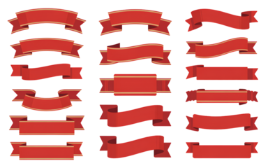 collection of red and gold banners with decorative edges for celebrations and promotions flat design