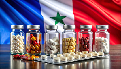 Pharmaceutical Bottles and Pills Displayed With Syrian Flag Background Signifying Global Health and Medicine.