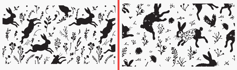 rabbit bunny illustration, animal silhouette drawing, cute rabbit artwork, easter bunny design, hand drawn silhouette clipart, woodland rabbit illustration, stock bunny artwork

