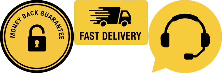 E-commerce Guarantee, Delivery, and Support Icons Set.