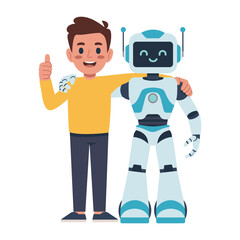 Fototapeta premium Technological Friendship: A cheerful person and a friendly robot embrace, symbolizing the positive potential of human-computer interaction and companionship. 