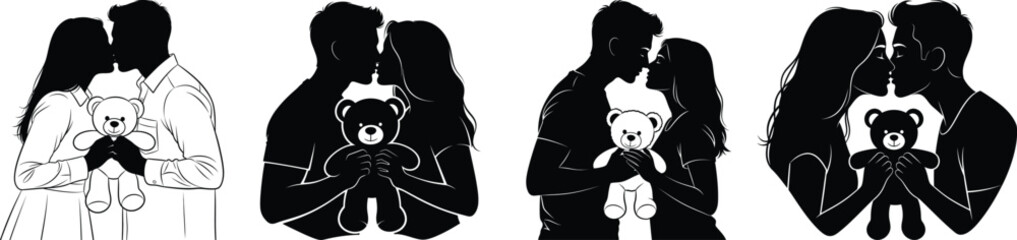 Teddy Day Romantic Couple Silhouettes with Teddy Bear Gift, Love and Affection Illustration for Valentine Week Celebration