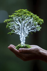 Hands gently cradle a vibrant green tree, its core transforming into a glowing digital circuit, powerfully connecting nature and technology for sustainable eco-growth.