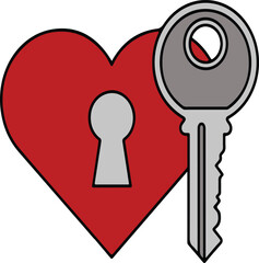 Key to my heart icon illustration featuring a red heart with a keyhole and silver key line art vector for the Valentine's Day concept.