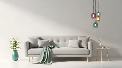 Modern living room with gray couch and colorful lighting