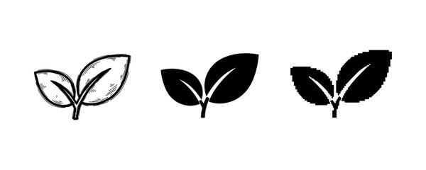 Simple leaf icons trio: hand-drawn, solid, pixel art design