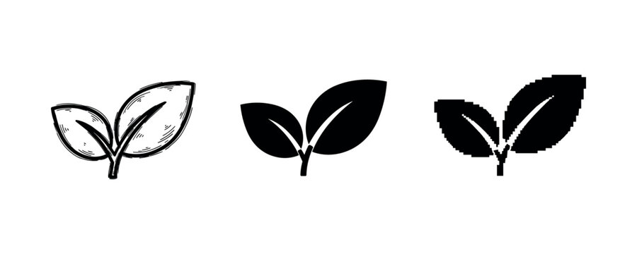 Simple leaf icons trio: hand-drawn, solid, pixel art design