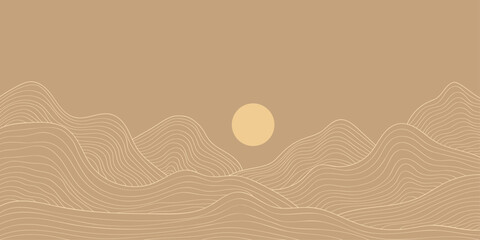 Abstract mountain landscape background &ndash; Minimal line art hills and sun in earth tone colors