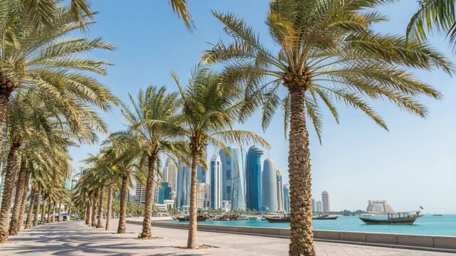 Sunny Waterfront Promenade Lined with Palm Trees Overlooking a Modern City Skyline and Traditional Boats on the Turquoise Sea