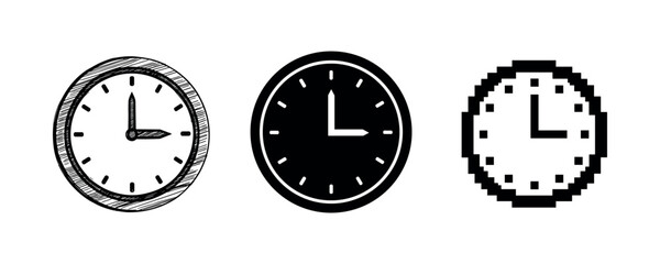 Three clocks: sketch, silhouette, pixel art styles