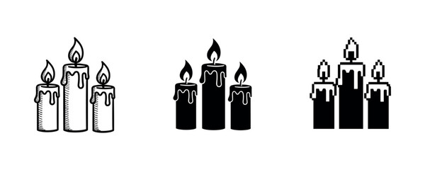 Obraz premium Minimalist candle icon set: three styles - line art, solid, pixel