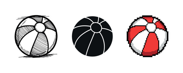 Fototapeta premium Beach balls in sketch, silhouette, and pixel art styles