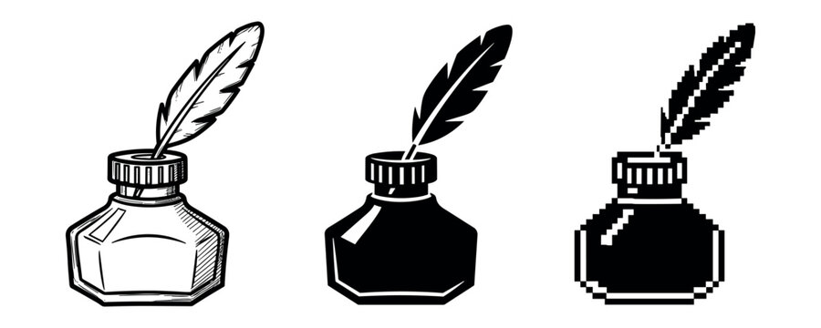 Three styles of inkwell with feather: sketch, solid, pixel art