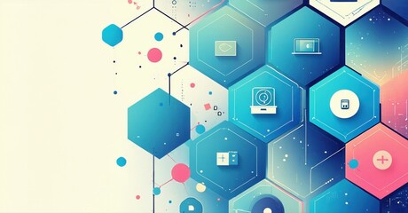 Abstract hexagons, vibrant colors, connected lines. Modern digital design, technology concept, data visualization. Clean aesthetic.
