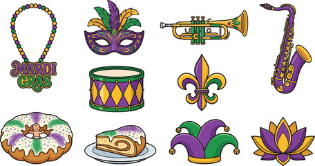 Colorful Mardi Gras icons featuring masks, instruments, king cake, beads, and New Orleans festival symbols in vibrant purple, green, and gold