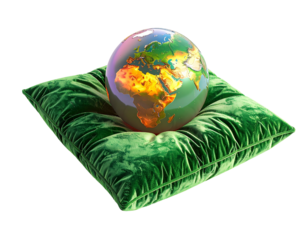 Globe on a plush green cushion, isolated on black background
