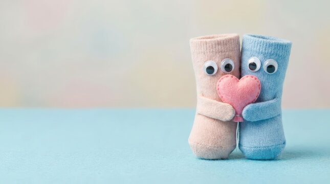 Surreal silly love adorable sock characters embracing with a heart indoor studio setting quirky and playful environment close-up viewpoint for whimsical creativity