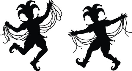 Dancing jester silhouettes tossing Mardi Gras beads in festive carnival parade celebration, party entertainment and costume decoration illustration © Wajkuruni
