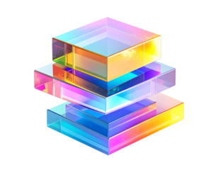 Three translucent layered cubes in a gradient of rainbow colors
