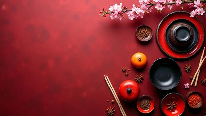 Flat lay of traditional chinese tea set, cherry blossom, oriental dinnerware, copy space - Chinese New Year decoration, Lunar celebration, spring, luck, prosperity, mockup, template, greeting