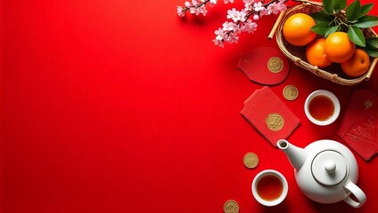 Flat lay of traditional chinese tea set, mandarin oranges, cherry blossom, copy space - Chinese New Year decoration, Lunar celebration, spring, luck, prosperity, mockup, template, greeting, display 