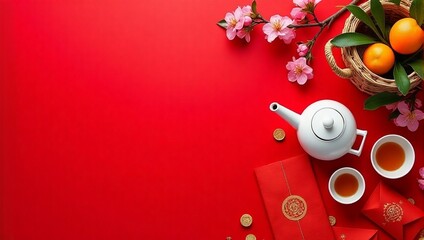 Flat lay of traditional chinese tea set, mandarin oranges, cherry blossom, copy space - Chinese New Year decoration, Lunar celebration, spring, luck, prosperity, mockup, template, greeting, display 
