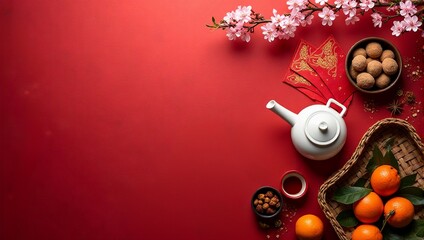Flat lay of traditional chinese tea set, mandarin oranges, cherry blossom, copy space - Chinese New Year decoration, Lunar celebration, spring, luck, prosperity, mockup, template, greeting, display 