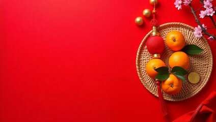 Flat lay of mandarin oranges, tangerines, chinese lantern, cherry blossom, copy space - Chinese New Year decoration, Lunar celebration, spring, luck, prosperity, mockup, template, greeting