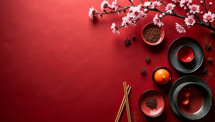 Flat lay of traditional chinese tea set, cherry blossom, oriental dinnerware, copy space - Chinese New Year decoration, Lunar celebration, spring, luck, prosperity, mockup, template, greeting