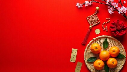 Flat lay of mandarin oranges, tangerines, chinese lantern, cherry blossom, copy space - Chinese New Year decoration, Lunar celebration, spring, luck, prosperity, mockup, template, greeting