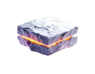Ice block cleaved with fiery core glowing beneath, isolated on black