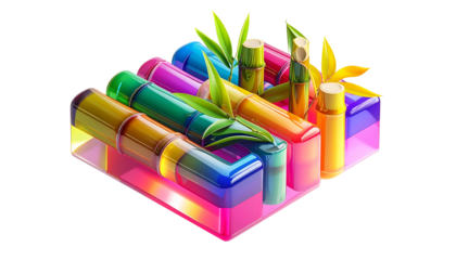 Colorful 3D tubes and plants on a glowing, iridescent block