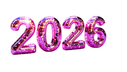 Shiny, magenta balloons form the year 2026, floating against black