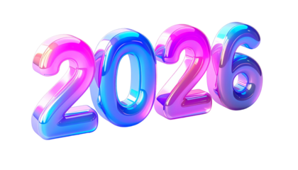 Glossy, chromatic numerals "2026" float against a black background