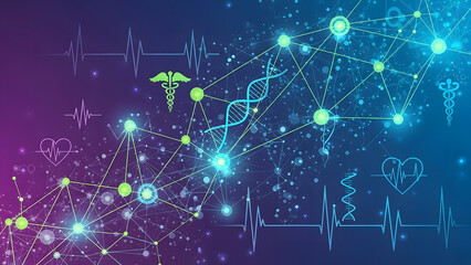 Medical technology concept with DNA, heartbeat lines, and network connections