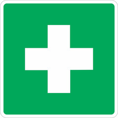 A green square sign with a white cross symbol, indicating medical or first aid services. © Ideogram