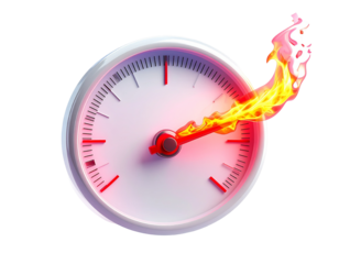 Dial with red hand, flaming, representing speed and velocity