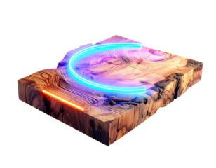 Wood block with glowing lines, carved relief, and a dark background
