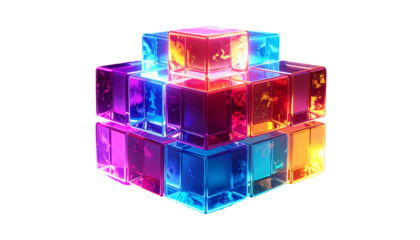 Abstract 3D cubes glow with vibrant colors in a layered structure