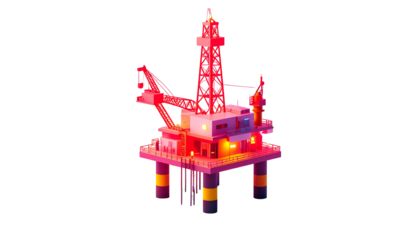 A glowing, low-poly oil rig in vibrant pink and red hues, isolated