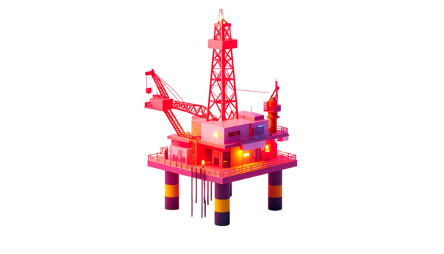 A glowing, low-poly oil rig in vibrant pink and red hues, isolated - Powered by Adobe