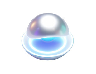 Futuristic glowing orb, cut open, with neon light and metallic dome