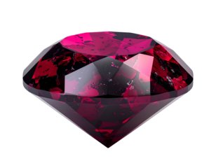 A faceted, vibrant red gemstone with multi-sided planes against black