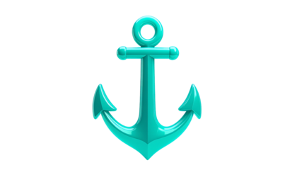 Teal, shiny, 3D render of an anchor against a black background