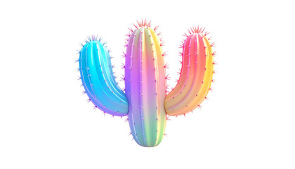 A vibrant, rainbow-colored cactus with sharp spines on a black background