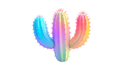 A vibrant, rainbow-colored cactus with sharp spines on a black background
